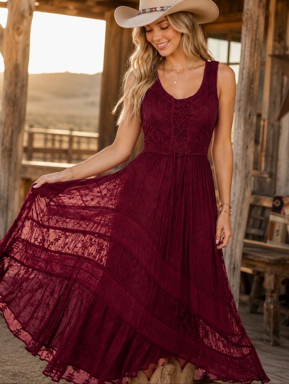 Scully Lace Up Midi Dress Gorgeous LARGE Boho Western